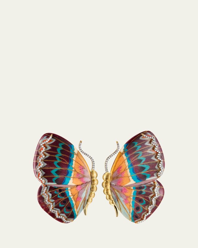 18K Yellow Gold Orange, Blue, Lilac and Burgundy Butterfly Wing Shaped Diamond Marquetry Earrings